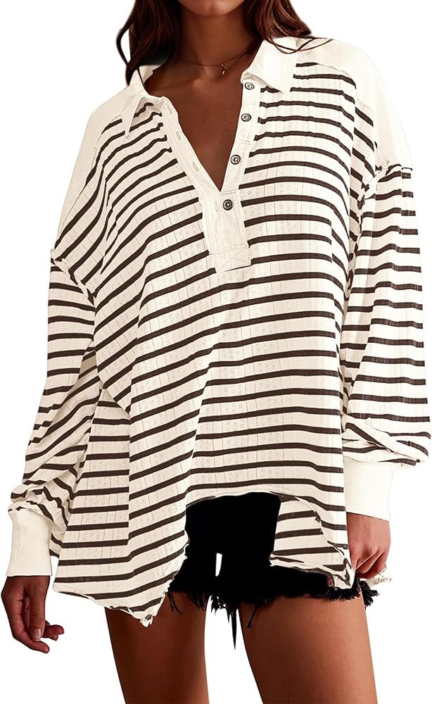 Women Oversized Striped Sweatshirts Lapel Collar Long Sleeve Polo Shirts 2024 Loose Casual Asymme... | Amazon (US)