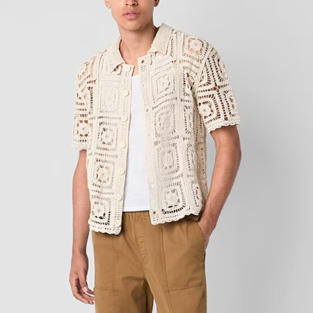 Mens Short Sleeve Button-Down Crochet Shirt, Large, White | JCPenney