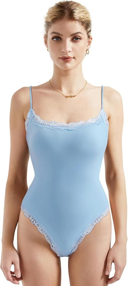 SUUKSESS Women Square Neck Lace Bodysuit Sleeveless Spaghetti Strap Tank Top | Amazon (US)