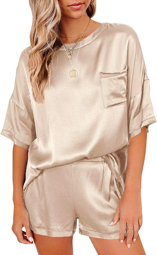 LYANER Women's Satin Silky Pajama Set Short Sleeve T-shirt With Shorts Set PJ Loungewear | Amazon (US)