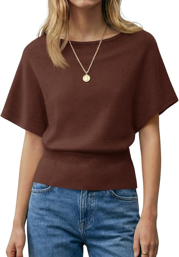 Saodimallsu Womens Boat Neck Summer Tops Batwing Dolman Short Sleeve Trendy Ribbed Knit Cinched W... | Amazon (US)