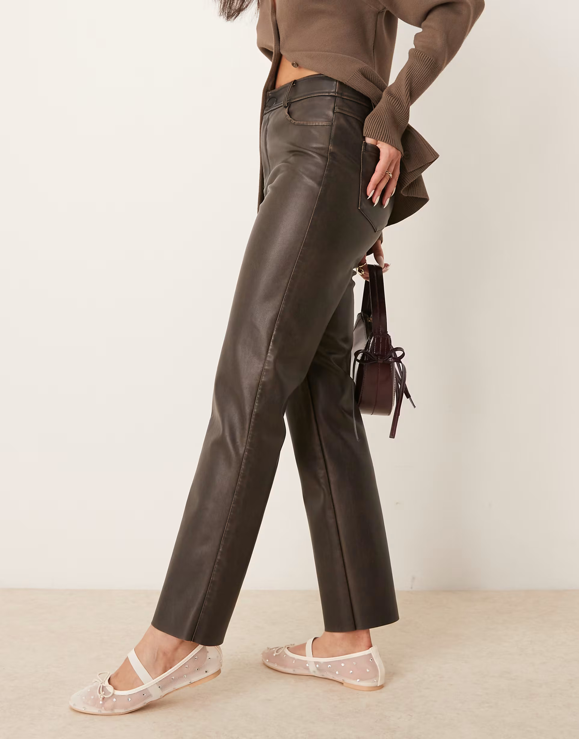 New Look PU straight leg trousers in washed brown | ASOS | ASOS (Global)