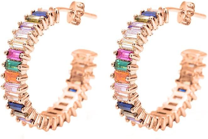 Savlano 14K Gold Plated Cubic Zirconia Multicolor Rainbow Round Hoop Stud Earrings for Women & Gi... | Amazon (US)