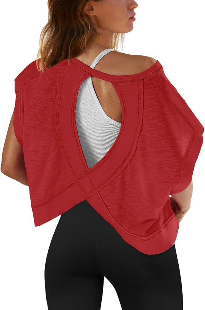 SENSERISE Womens Open Back Workout Tops Backless Short Sleeve Athletic Shirt Running Crop Top Gym... | Amazon (US)