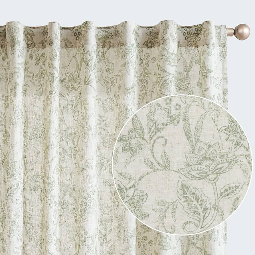 Lazzzy Linen Curtains Farmhouse Green Floral Print Curtains 84 Inches Long Back Tab Drapes for Li... | Amazon (US)