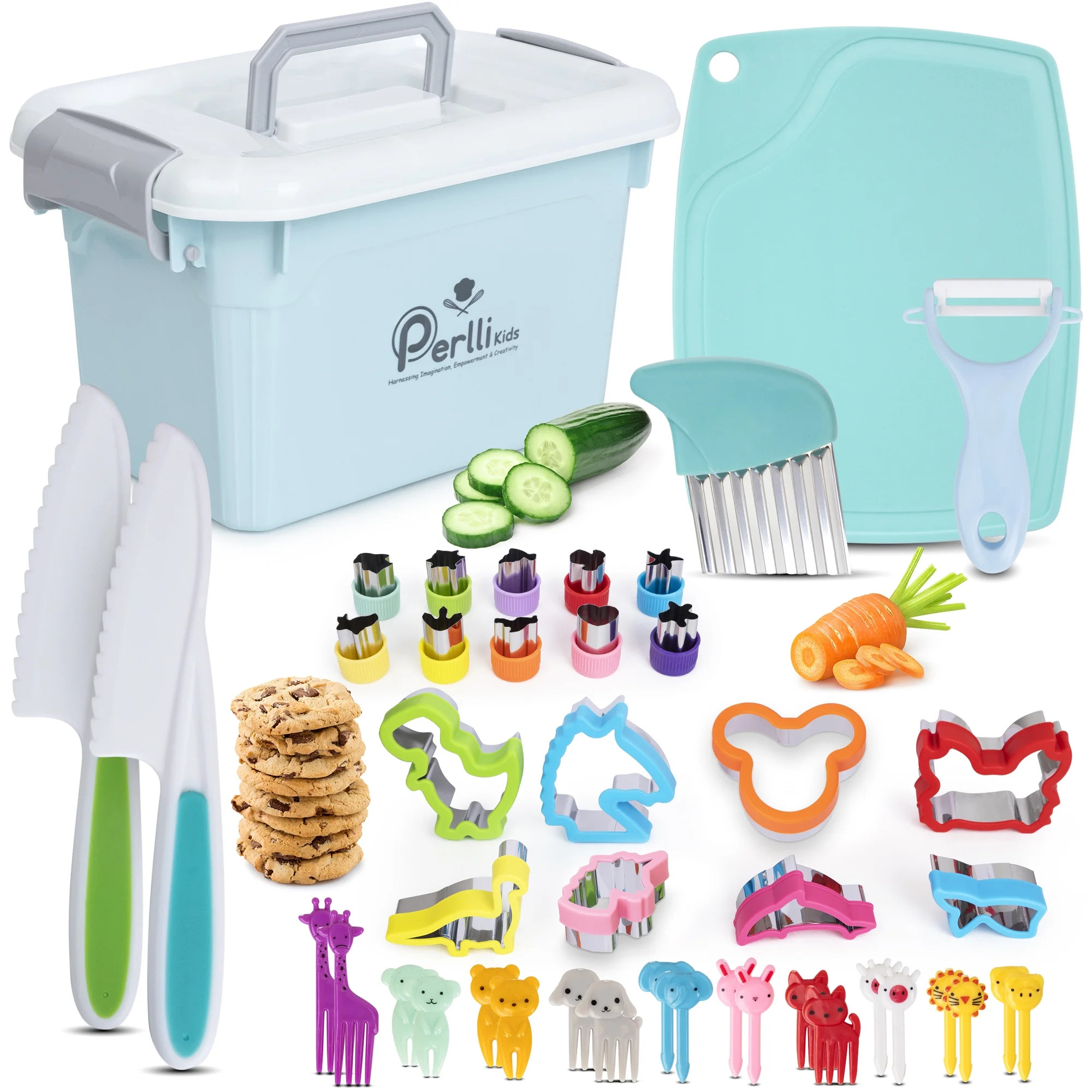 PERLLI Kids Montessori Baking and Cooking Kitchen Playset for Toddlers, 44-Piece, Blue | Walmart (US)