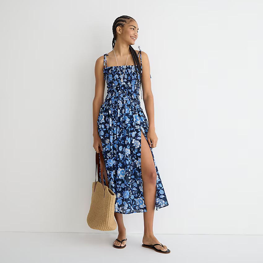 Smocked midi dress in midnight-blue floral | J. Crew US