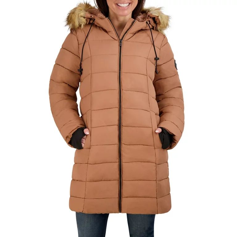 Steve Madden Women's Long Puffer Coat with Faux Fur Hood - Walmart.com | Walmart (US)