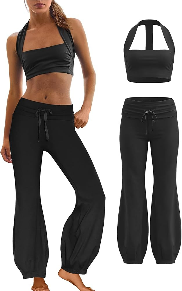 Panadila Women 2 Piece Yoga Sets Pilates Outfit Halter Sports Bra Fold Over Flare Leggings Matchi... | Amazon (US)