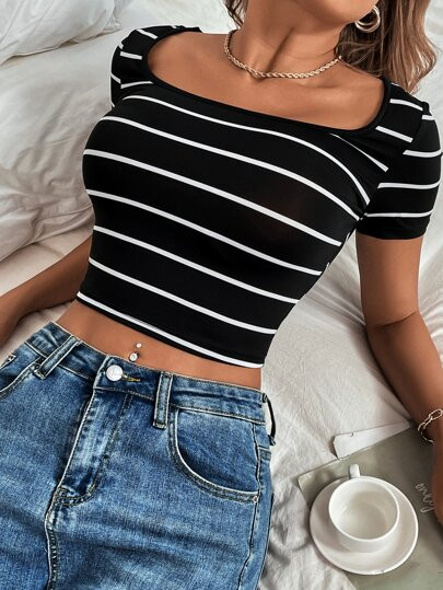 SHEIN EZwear Scoop Neck Striped Crop Tee | SHEIN