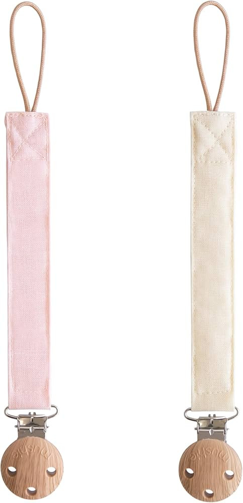 mushie Linen Baby Pacifier Clip Holder | Soft Fabric Strap, 2-Pack (Blush/Cream) | Amazon (US)