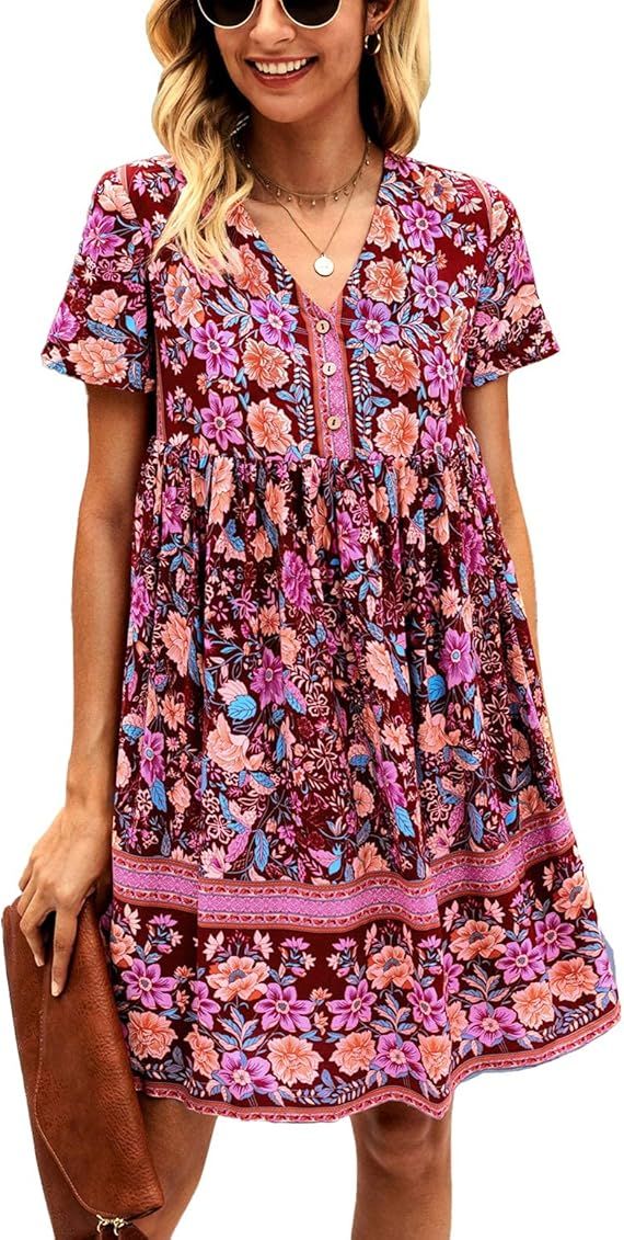 KIRUNDO Women’s Summer Floral Mini Dress V Neck Short Sleeve Casual Dress Flowy Loose Cute Dress Boh | Amazon (US)