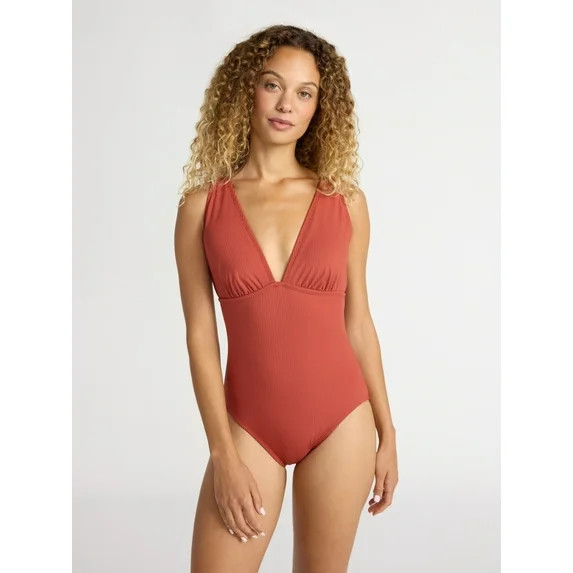 Time and Tru Women’s and Women’s Plus Ribbed Plunge One Piece Swimsuit, Sizes XS-2X | Walmart (US)