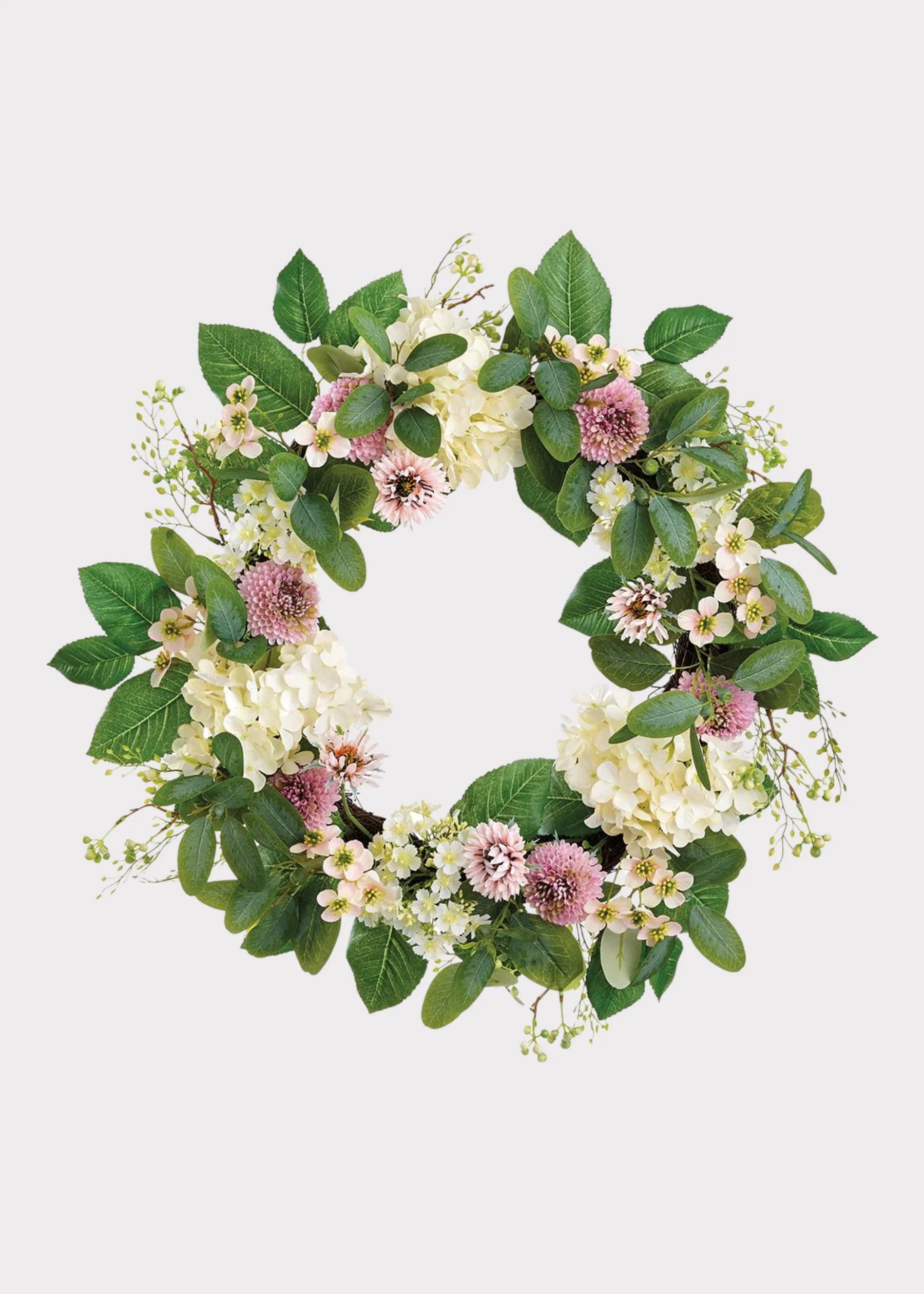 Dahlia and Hydrangea Fake Flower Wreath in Pink Cream - 24" | Afloral