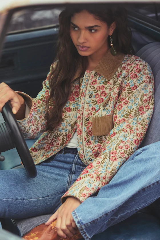 Morrina Beige Multi Floral Jacquard Barn Jacket | Lulus