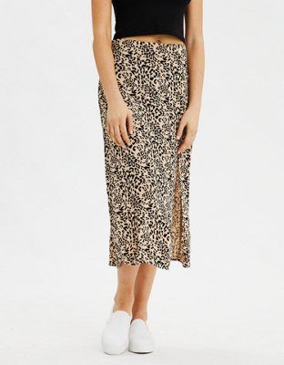 AE High-Waisted Leopard Midi Slit Skirt | American Eagle Outfitters (US & CA)