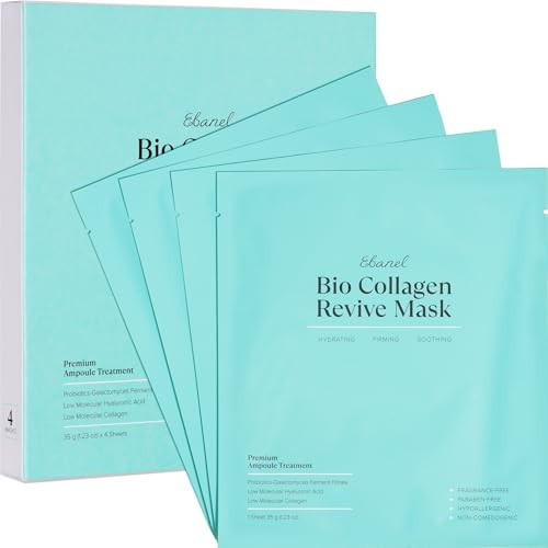 Ebanel Bio Collagen Face Mask, 4-Pack Hydrating Face Masks with 7 Peptides, Hyaluronic Acid, Niacinamide, Centella, Rose Water, Ceramide, and B5, Glass Skin Tightening and Lifting Korean Sheet Masks | Amazon (US)