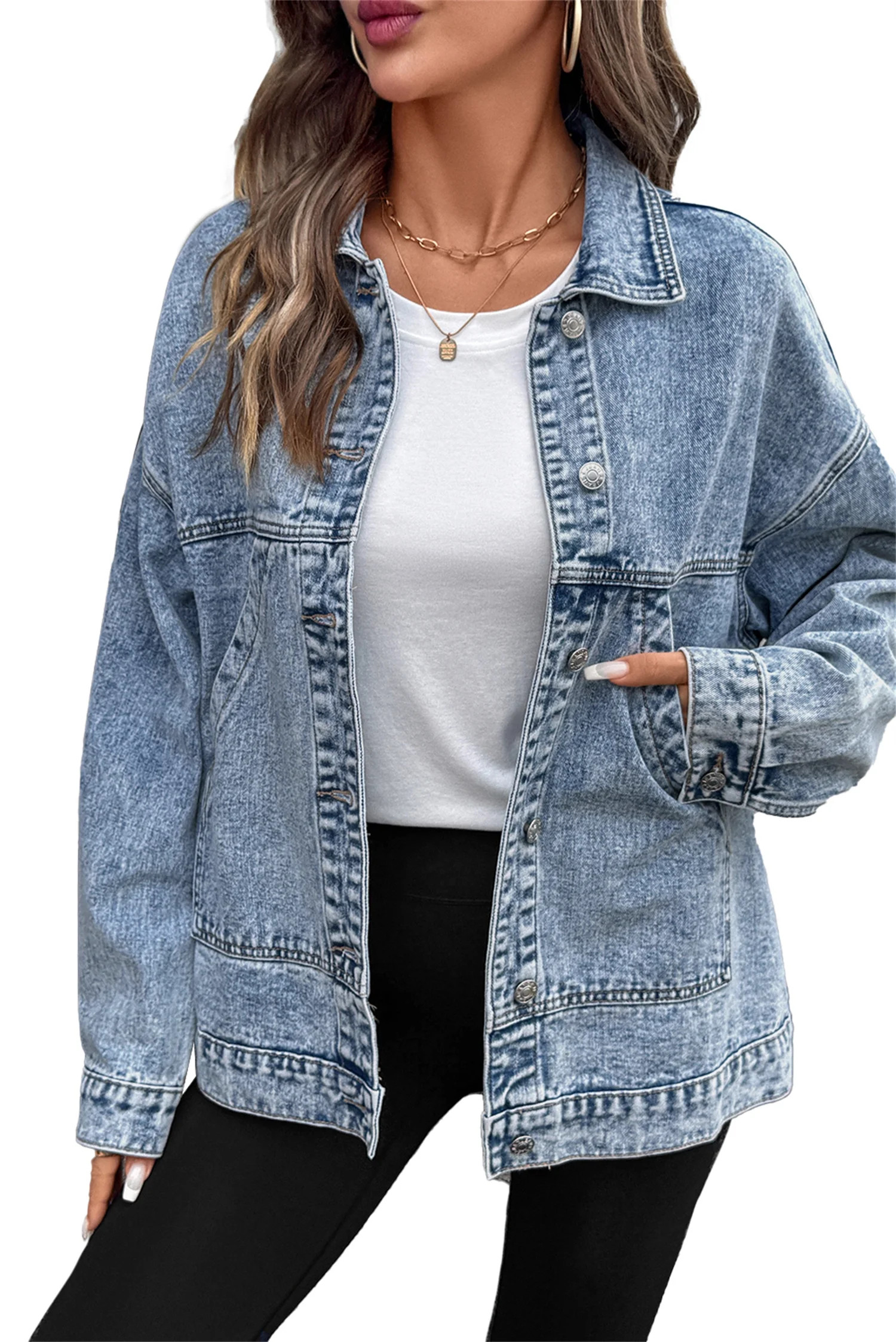 Eytino Jean Jacket for Women Denim Jackets Oversized Boyfriend Drop Shoulder Button Front Jean Jacket Coat with Pockets | Walmart (US)
