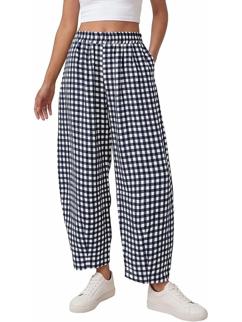 PRETTYGARDEN Plaid Barrel Pants Women Summer Casual Loose Wide Leg Lounge Gingham Trousers Spring... | Walmart (US)