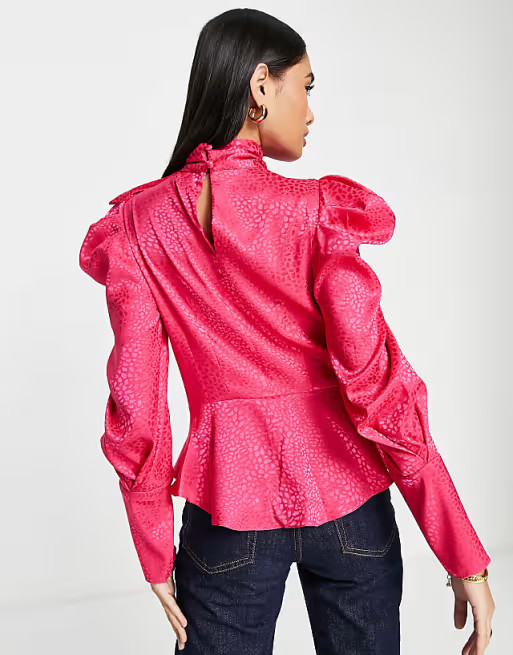 River Island tie neck puff sleeve blouse in bright pink | ASOS (Global)