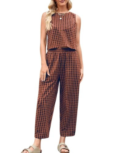 Rantar Womens Cotton Checker Set 2 Piece Beach Vacation Outfit Summer Tank Top Pants Suit | Amazon (US)
