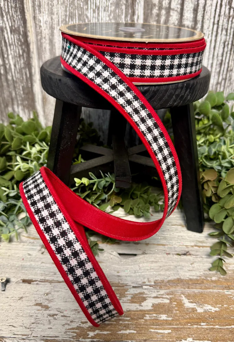 Ribbon for Wreaths, Designer Ribbon, 7/8" Ribbon, Black White and Red Mini Checks, Wreath Supplie... | Etsy (Global)