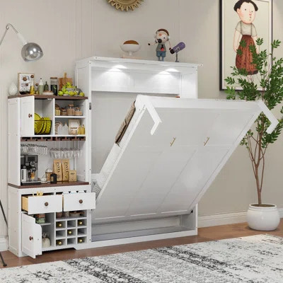 Queen Murphy Bed with Storage Cabinet & Wine Rack - Space-Saving Wall Bed with LED Lighting, Glass Holder & Drawers for Modern Living | Wayfair North America