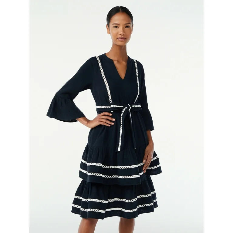 Scoop Women's 3/4 Sleeve Lace Detail Tiered Mini Dress | Walmart (US)