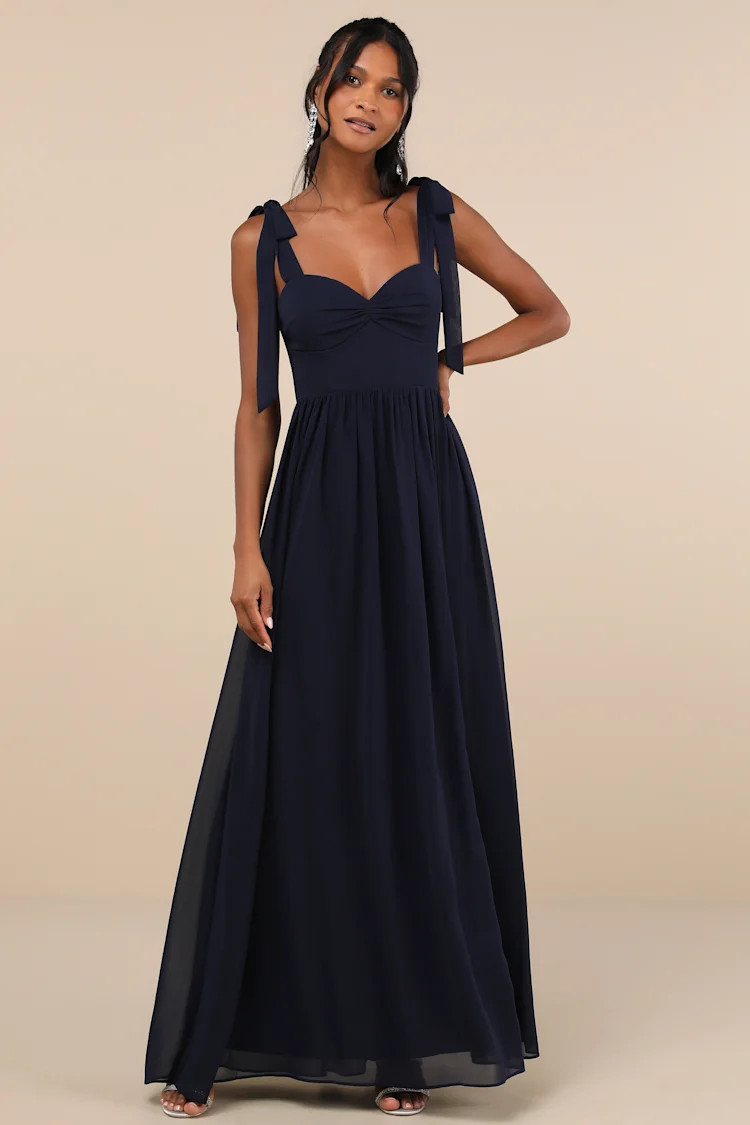 Radiant Charisma Navy Chiffon Ruched Tie-Strap Maxi Dress | Lulus