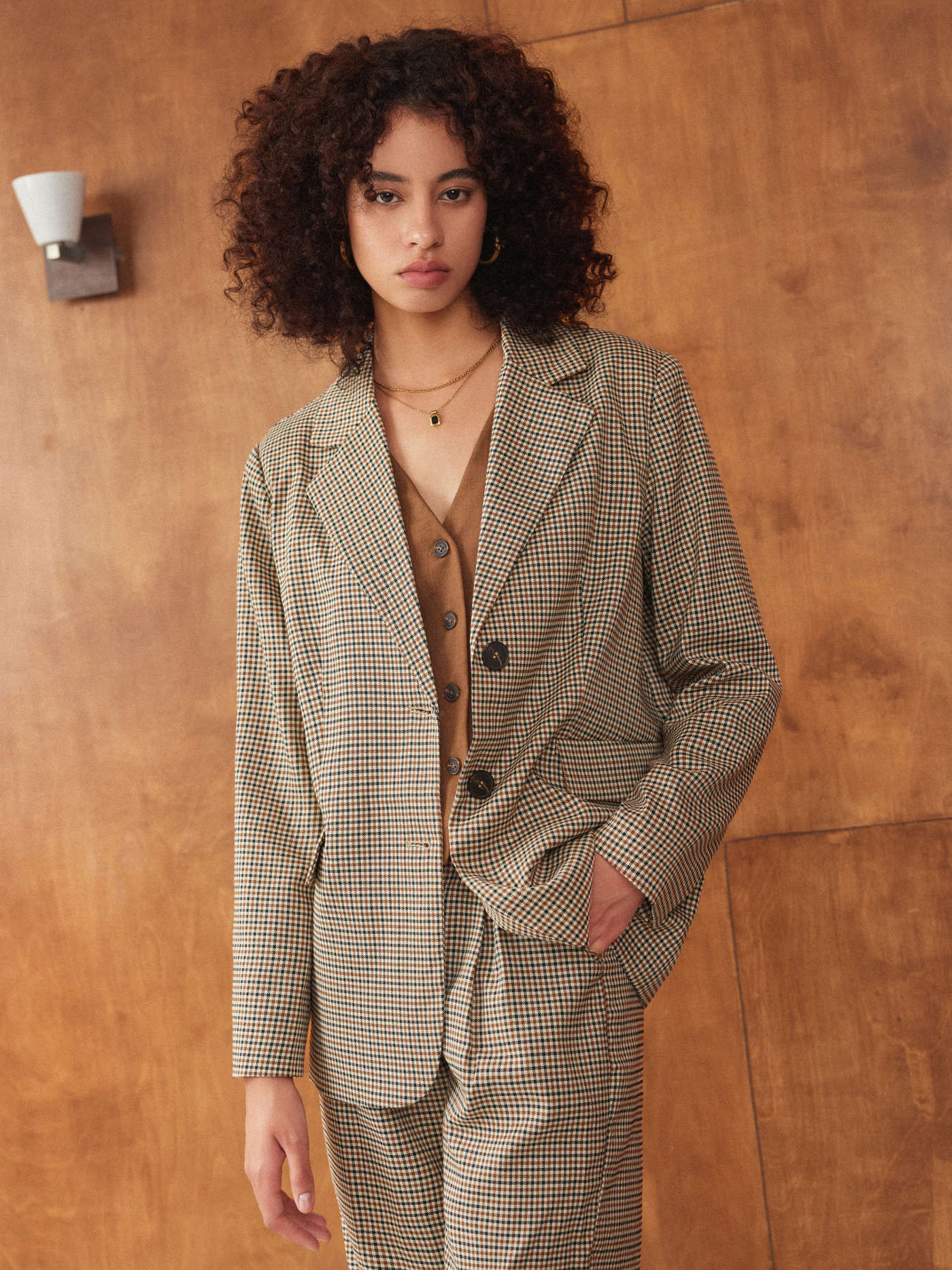 Woven Collar Check Button Blazer For Daily Casual Coffee Shop Work | Cider