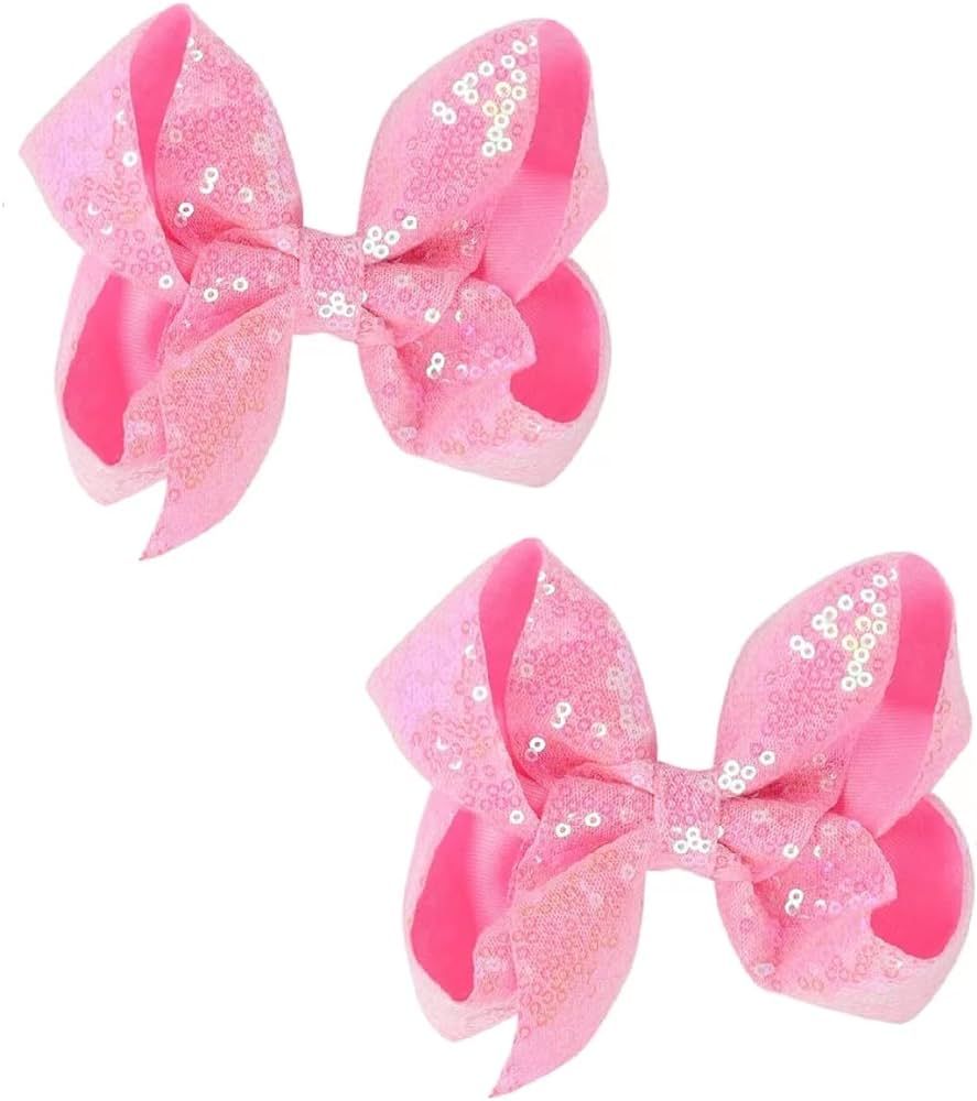 AMYDECOR 6 Inch Pink Sparkly Glitter Sequin Hair Bows for Girls Toddlers Kids Children Teenage (2... | Amazon (US)