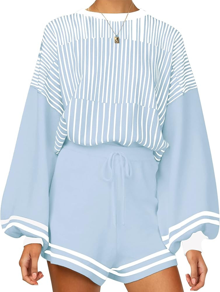 PEHMEA Women's 2 Piece Outfits Knit Sweater Sets Crewneck Pullover and Shorts with Drawstring | Amazon (US)