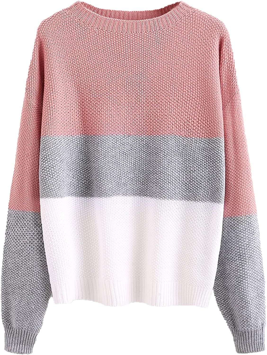 Milumia Women's Casual Drop Shoulder Color Block Striped Knitted Textured Jumper Sweater | Amazon (US)