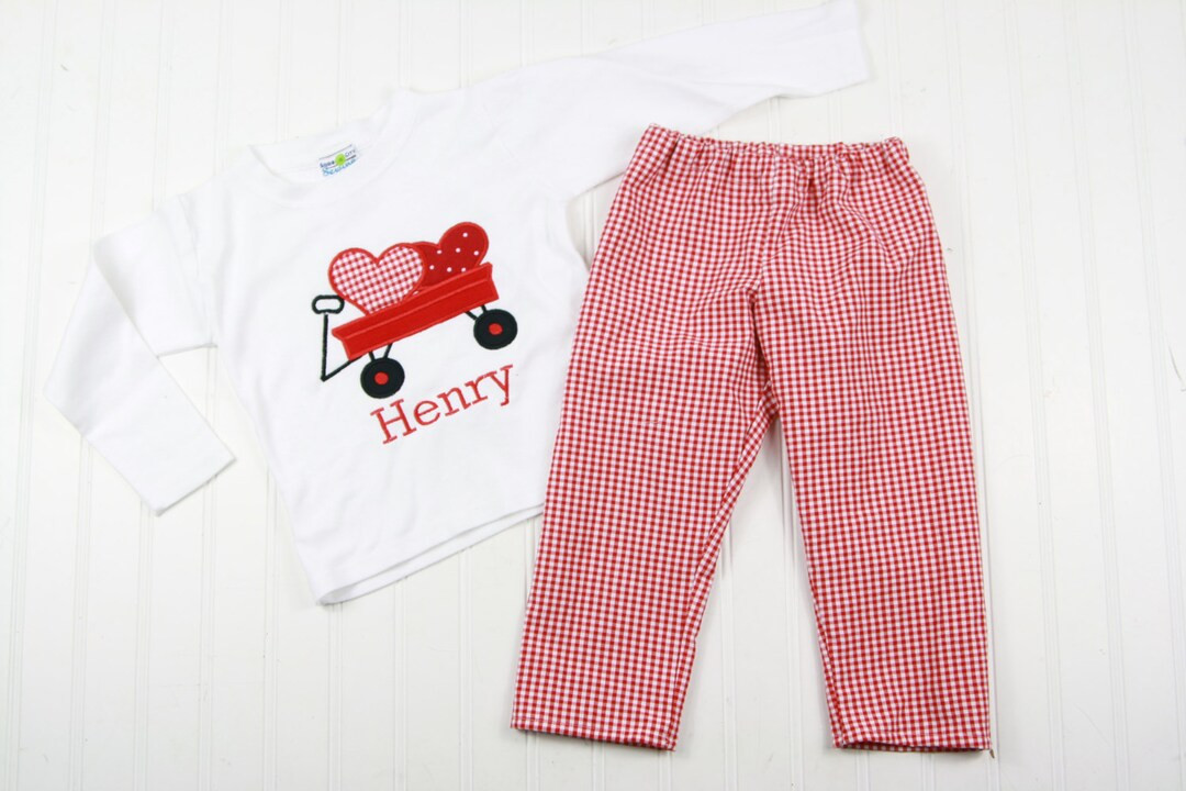Valentine's Shirt Toddler Boys Valentine's Day Outfit Wagon Hearts Applique Red Gingham Pants Out... | Etsy (US)