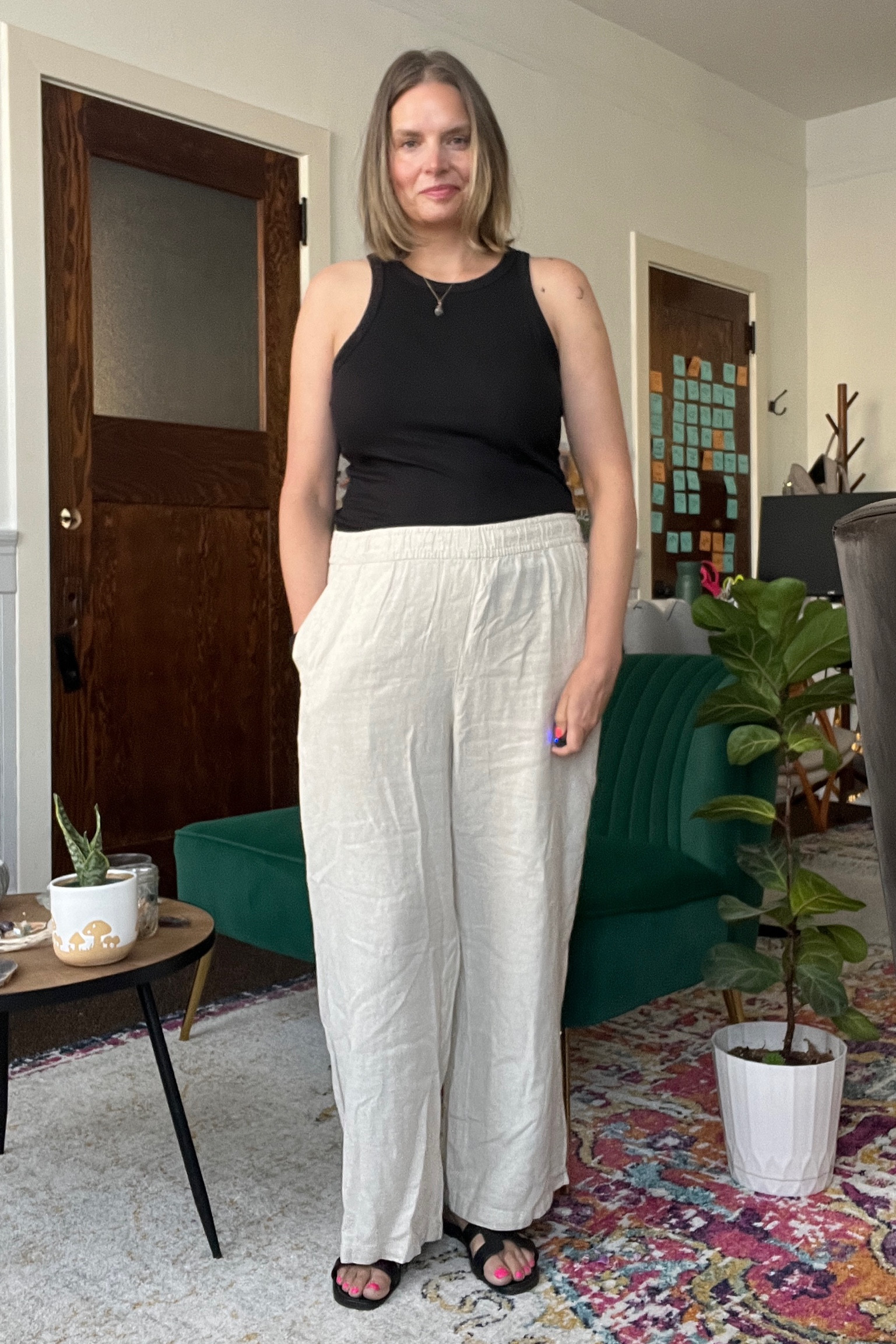 Today’s look brought to you by Pinterest. Capsule, wardrobe formula: black tank, linen trousers, and black sandals. 

Size 14 pants 
Large tank



#LTKworkwear #LTKSeasonal #LTKcurves