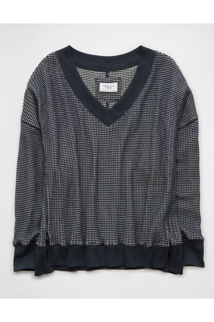 AE Big Hug V-Neck Waffle Navy Sweatshirt Women's Black S | American Eagle Outfitters (US & CA)