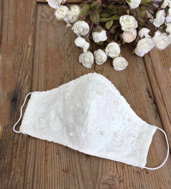 Bridal Face Mask, Wedding Mouth Mask, Ivory Lace Mask, Reusable Mask with Nose Wire, Cotton Linin... | Etsy (US)