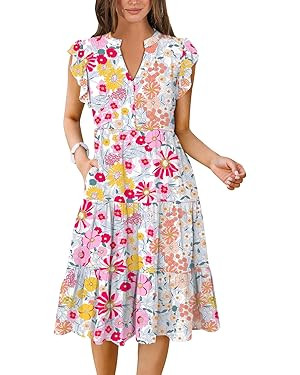 ANRABESS Womens Summer Dress Ruffle Sleeve V Neck Midi Dresses Fashion Casual Fit Flowy Tiered Bo... | Amazon (US)
