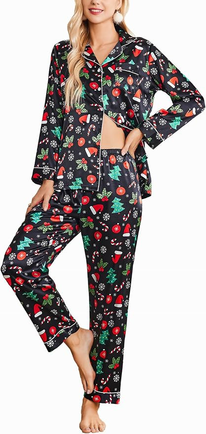 Ekouaer Women's Classic Button Down Long Satin Silk Pajama Set | Amazon (US)