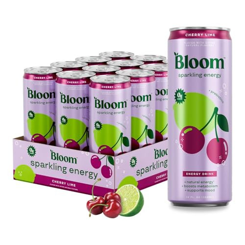Bloom Nutrition Sparkling Energy Drink - Natural Caffeine, Zero Sugar, 180mg Caffeine - Antioxidant-Rich w/Green Coffee Bean, Green Tea Extract, Prebiotics - Cherry Lime - 12oz 12 pk | Amazon (US)
