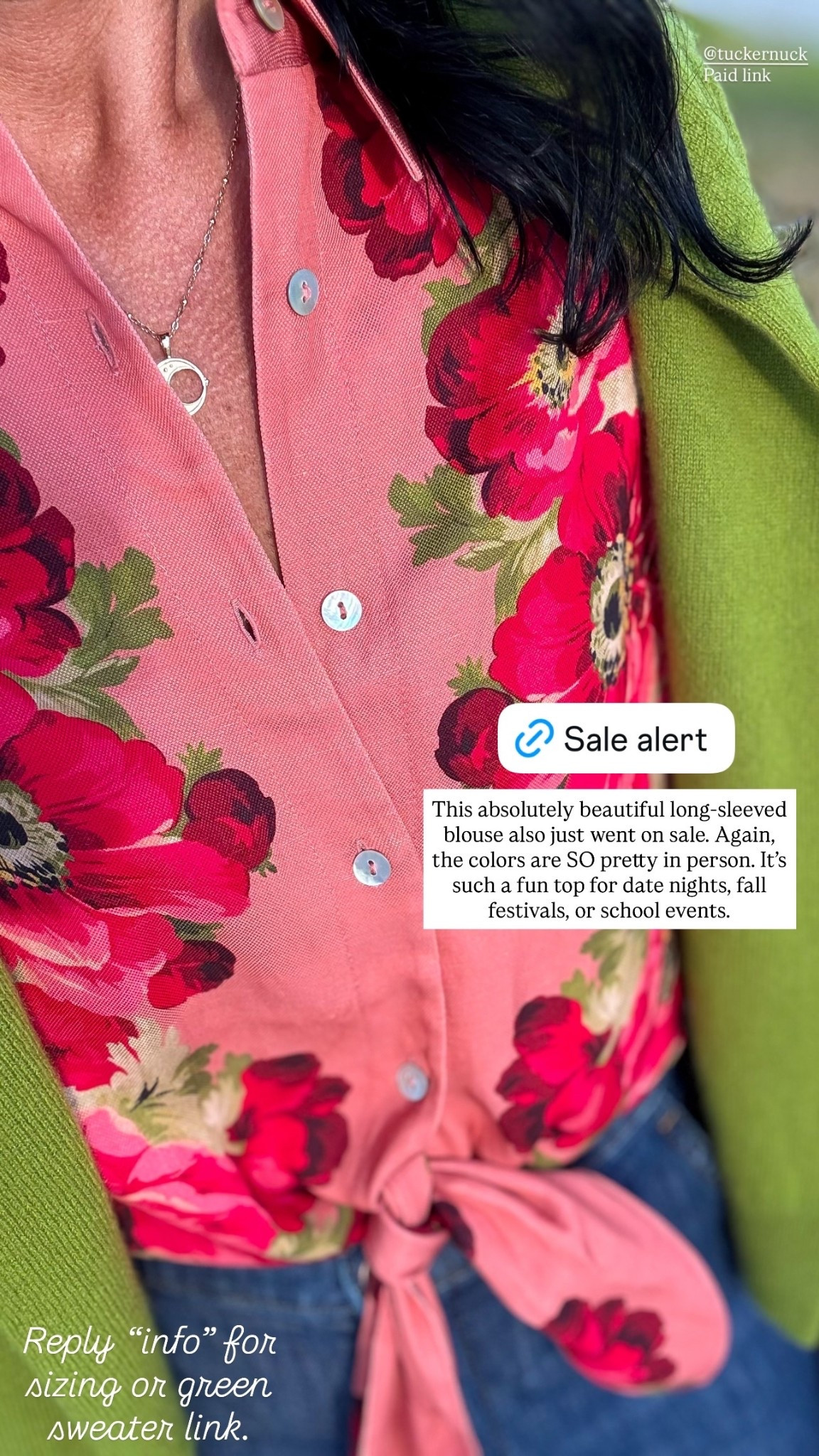 This absolutely beautiful long-sleeved blouse also just went on sale. Again, the colors are SO pretty in person. It’s such a fun top for date nights, fall festivals, or school events.  Reply “info” for sizing or green sweater link. @tuckernuck 
Paid link