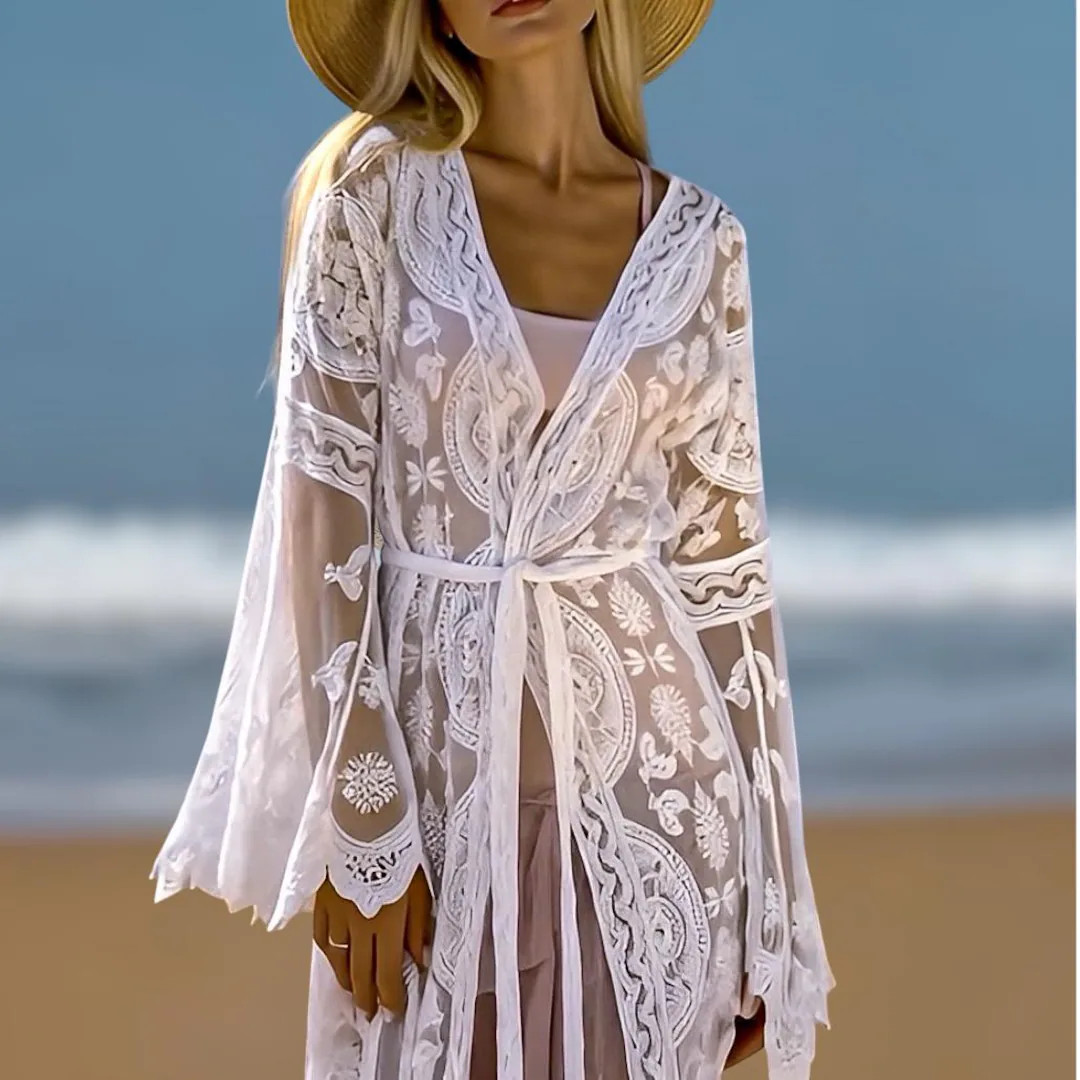 White Lace Kimono, Boho Embroidered Tulle Cover up, Bridal Beach Kimono | Etsy (US)