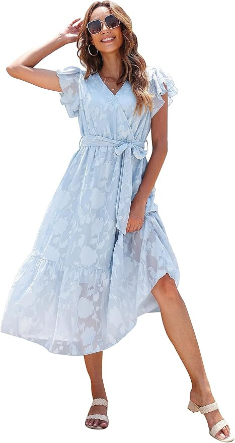 VintageClothing Womens Sundress Casual Floral Summer Boho Dress Flowy Wrap V Neck Ruffle A-Line P... | Amazon (US)