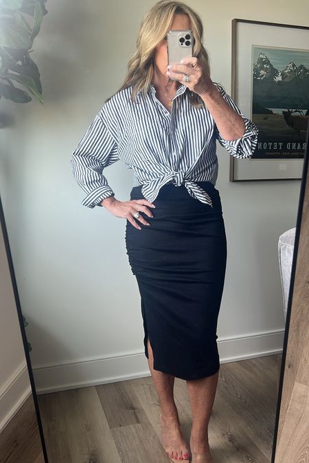 Outfit idea for women over 50, this black midi skirt has an amazing fit and can be styled so many different ways! 😍 spring outfit for women over 50, vacation outfit, concert outfit 

#LTKSeasonal #LTKover40 #LTKstyletip