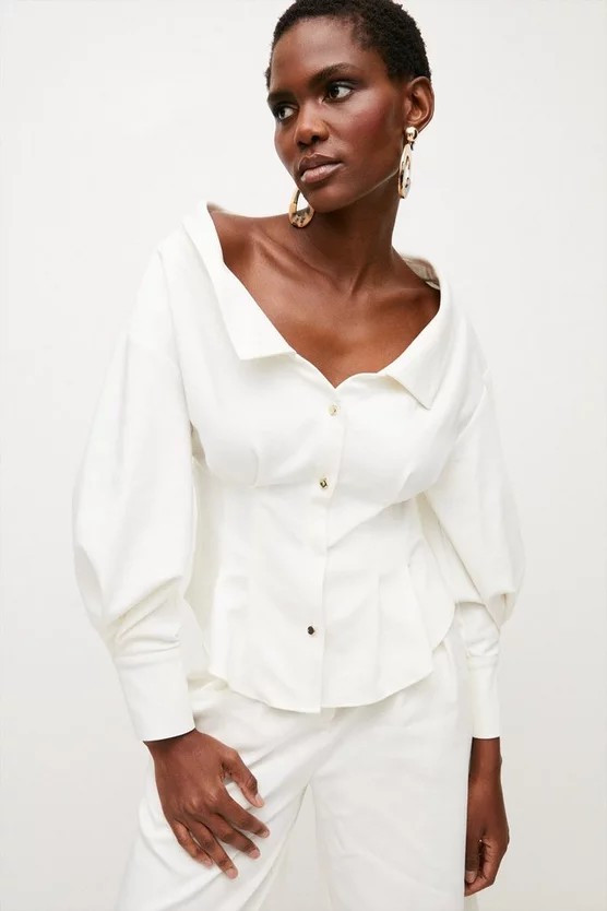 Compact Cotton Stretch Open Neck Woven Shirt | Karen Millen UK & IE