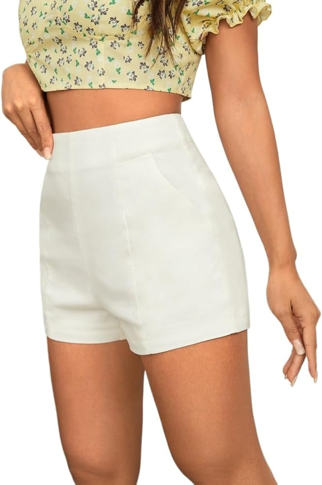 Solid Zip Side Shorts High Waist Fall Womens Short Pants White | Amazon (US)