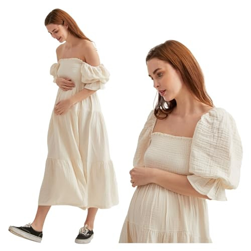 NOTHING FITS BUT Kiko Baby Shower Maternity Gown, Women’s Cotton Modal Classic Linen Smocked Nursing Dress, Short Puffed Sleeves, Off Shoulder, Ruffled Details, Medium, Cream | Amazon (US)