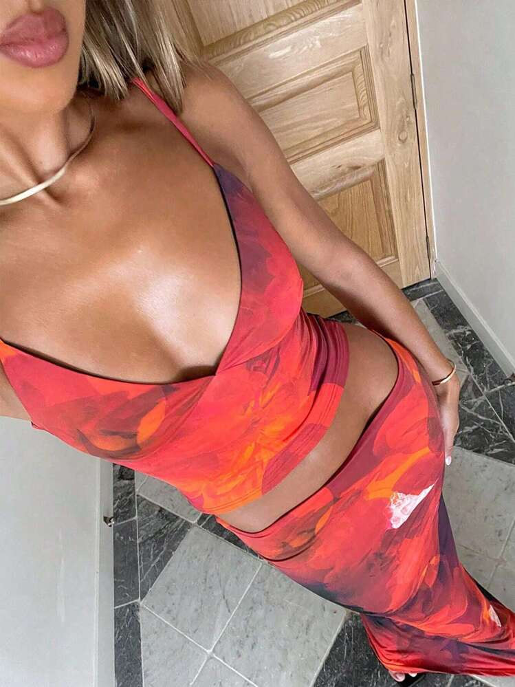 Women's Summer Tie-Dye Print Camisole And Bodycon Mini Skirt Sexy 2-Piece Set | SHEIN