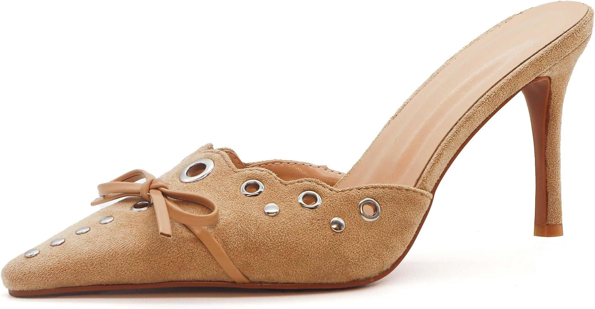 Kitten Heels for Women Pointed Toe Heels Studded Slip On Bow Heels Mules Faux Suede Sandals Kitte... | Amazon (US)