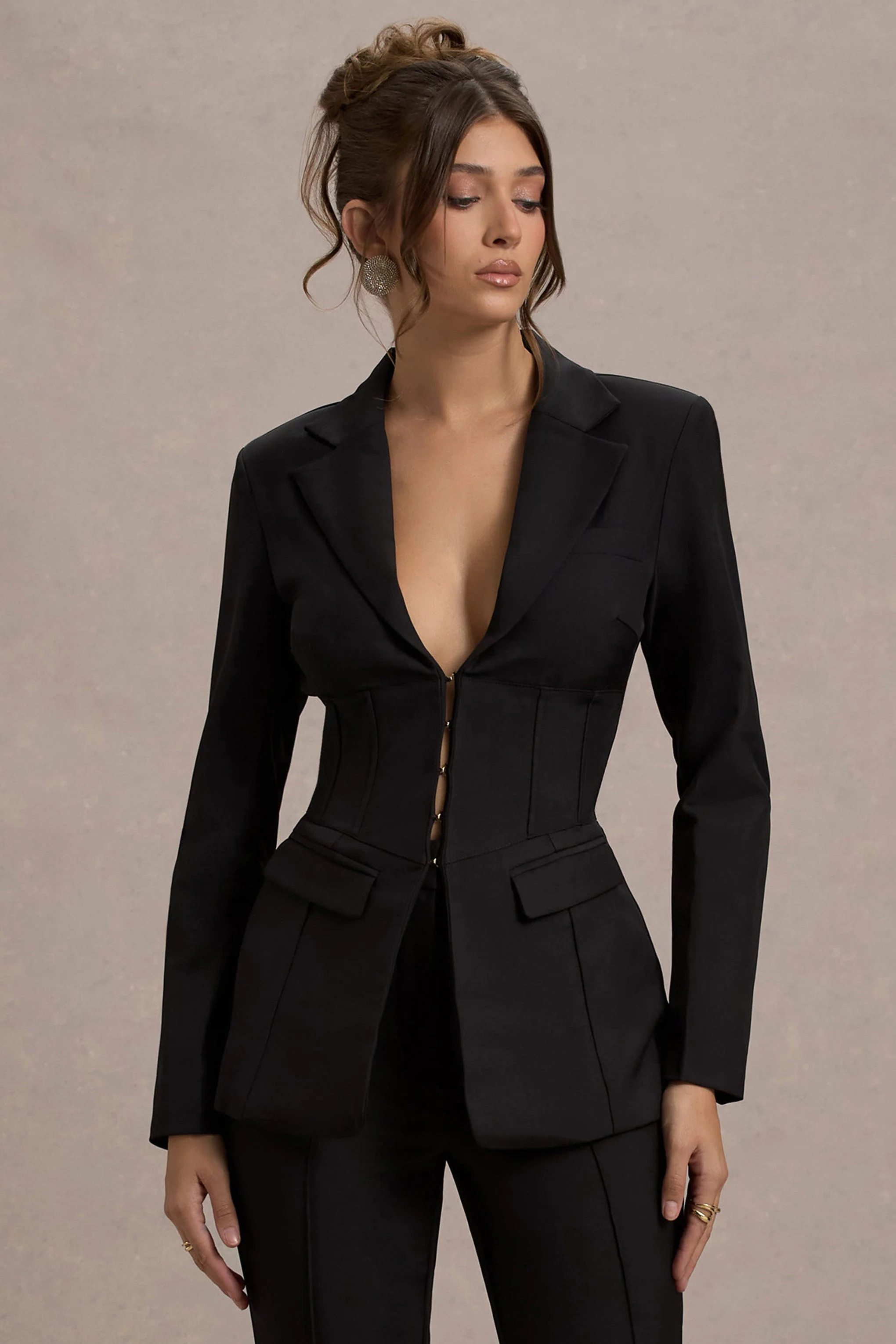 Unbeaten | Black Plunge Corset Waist Blazer | Club L London